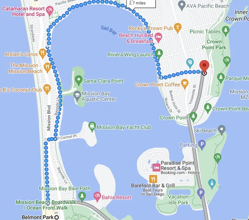 Map of the Crown Point and Mission Bay area of San Diego showing nearby beaches, parks, coffee shops and restaurants