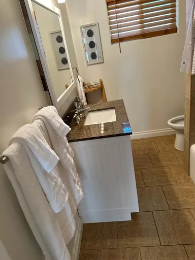 Bathroom vanity with granite top, towel rail and a window with plantation shutters