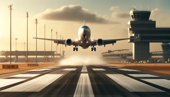 A commercial airplane touching down on an airport runway at dusk