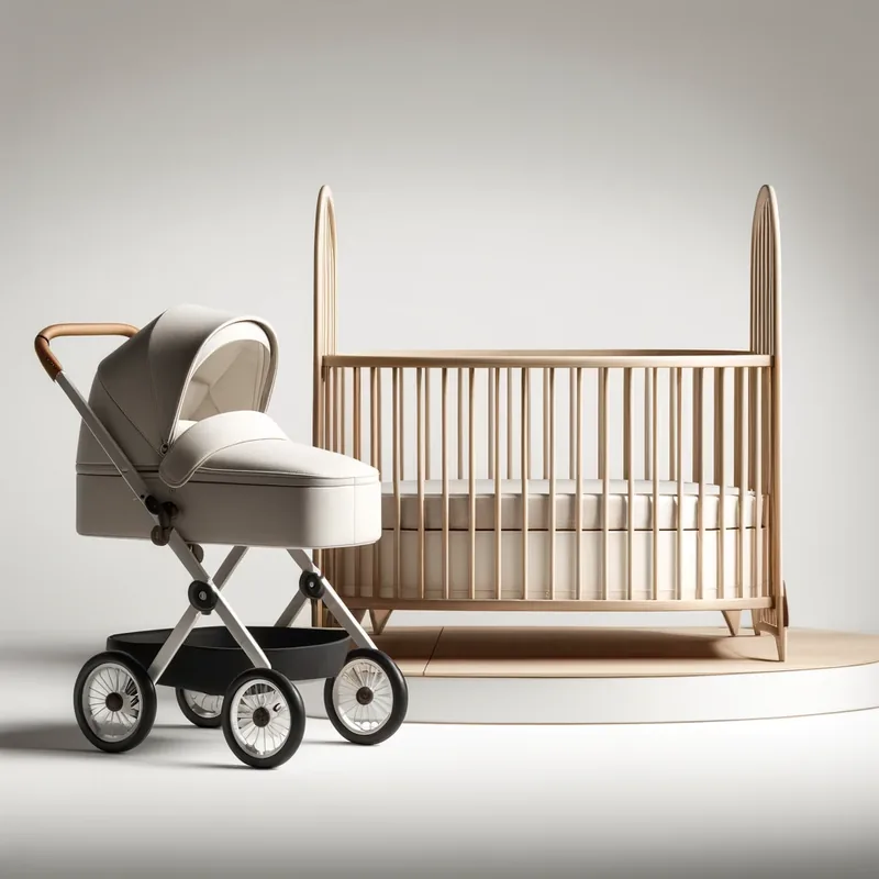 A modern baby stroller beside a wooden crib with soft bedding against a plain background