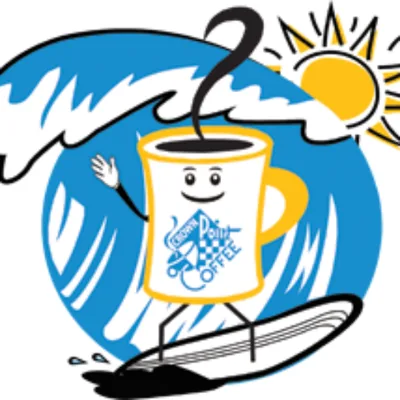 Crown Point Coffee logo, a cartoon coffee cup riding a surfboard on a blue wave