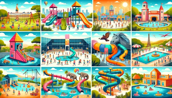 Illustrated collage of kid-friendly San Diego destinations including playgrounds, a children's museum and a water park
