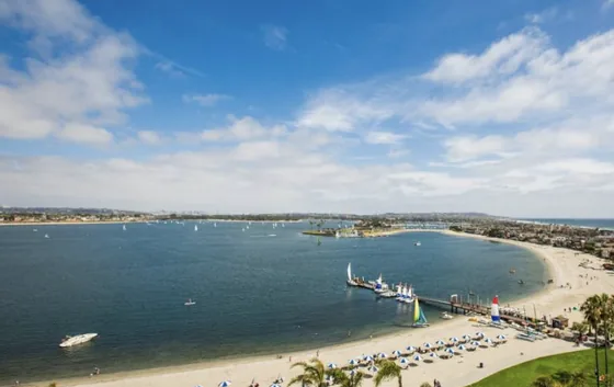 Aerial view of Mission Bay with sandy beaches, calm water and boats