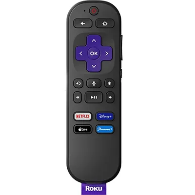 A Roku TV remote control with directional pad and Netflix, Disney+, Apple TV and Paramount+ shortcut buttons