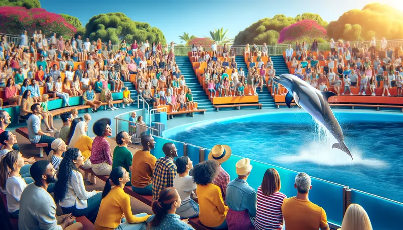 Illustration of a dolphin leaping in front of a packed stadium crowd at a marine park show