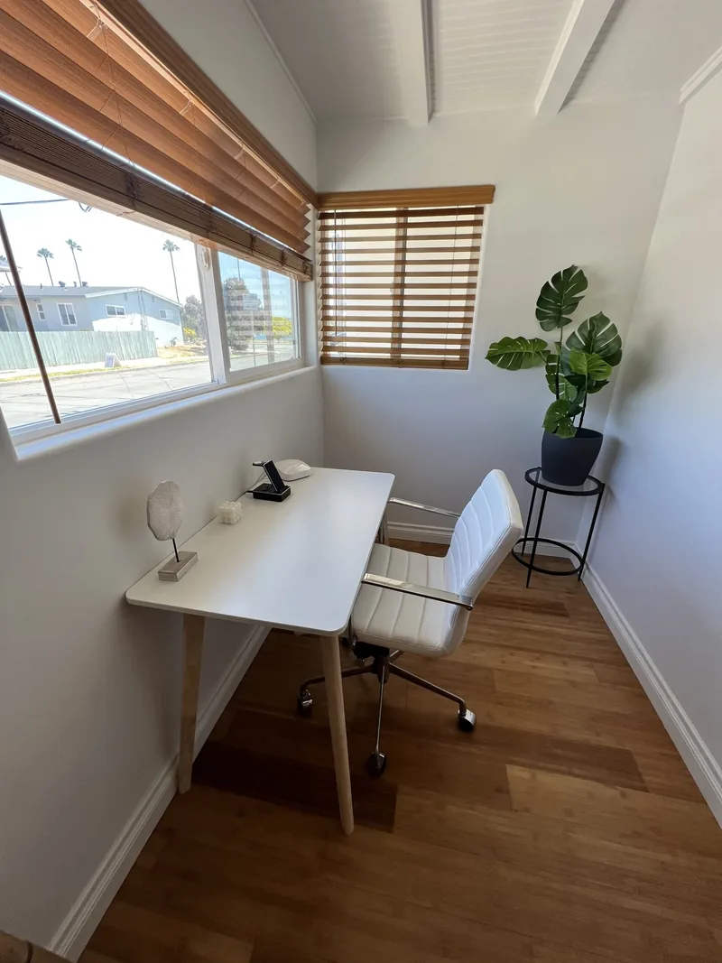 Compact work desk with an office chair and a potted plant beside a window with plantation shutters
