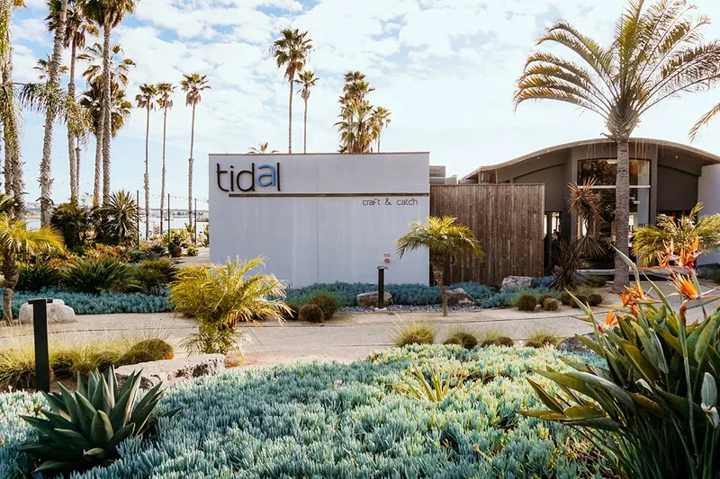 The tidal craft & catch sign outside the restaurant at Paradise Point, palms and succulent planting around it